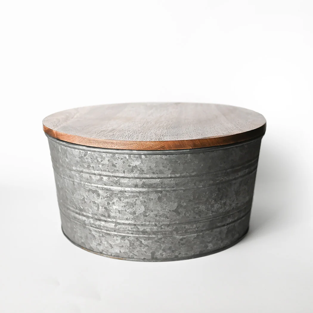 Metal Bucket & Wooden Lid